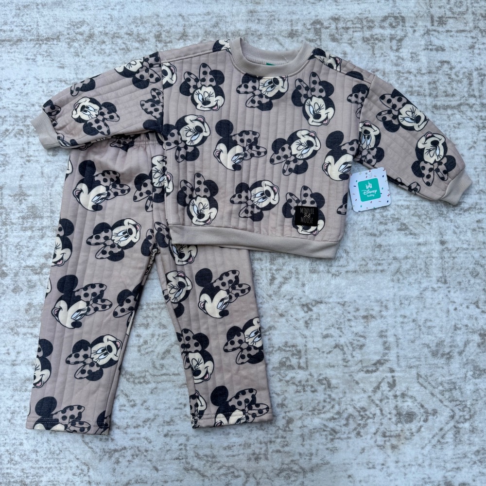 Disney Baby Minnie Mouse 2-Piece Quilted Set 24M Tan Black Sweatshirt Joggers - Picture 1 of 7